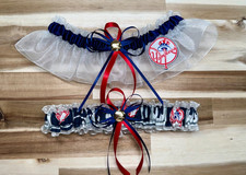 Handmade, MLB NY Yankees, Wedding Garter Navy Blue Satin and White Organza, Set.