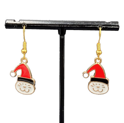 Christmas Kitty Cat Red Cap Pierced Earrings Gold tone Enamel Dangle 7/8''