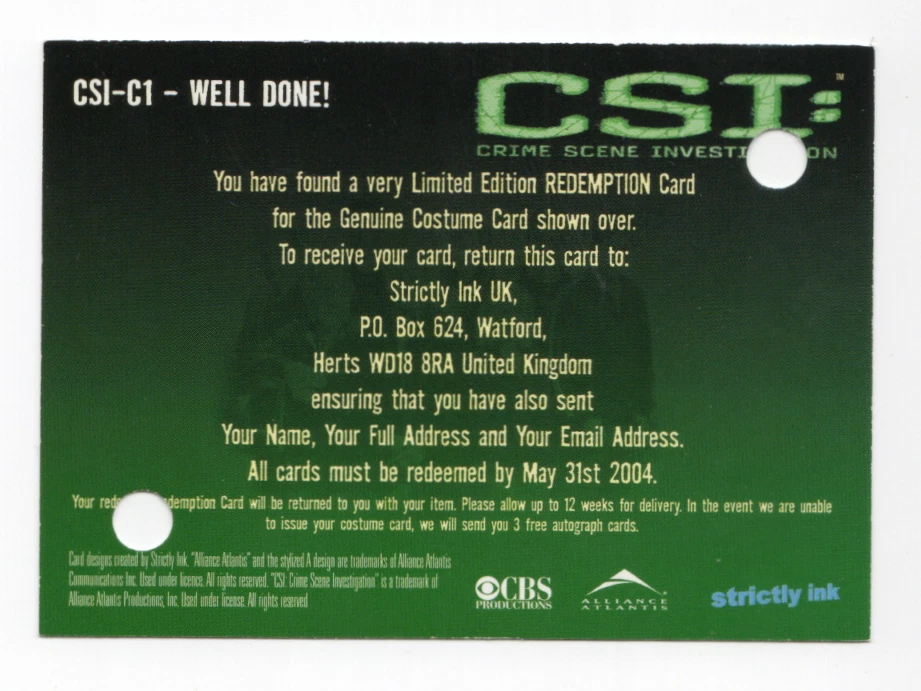 CSI Series 1 2004 CSI-C1 Costume Redemption Card - Image 2 of 4