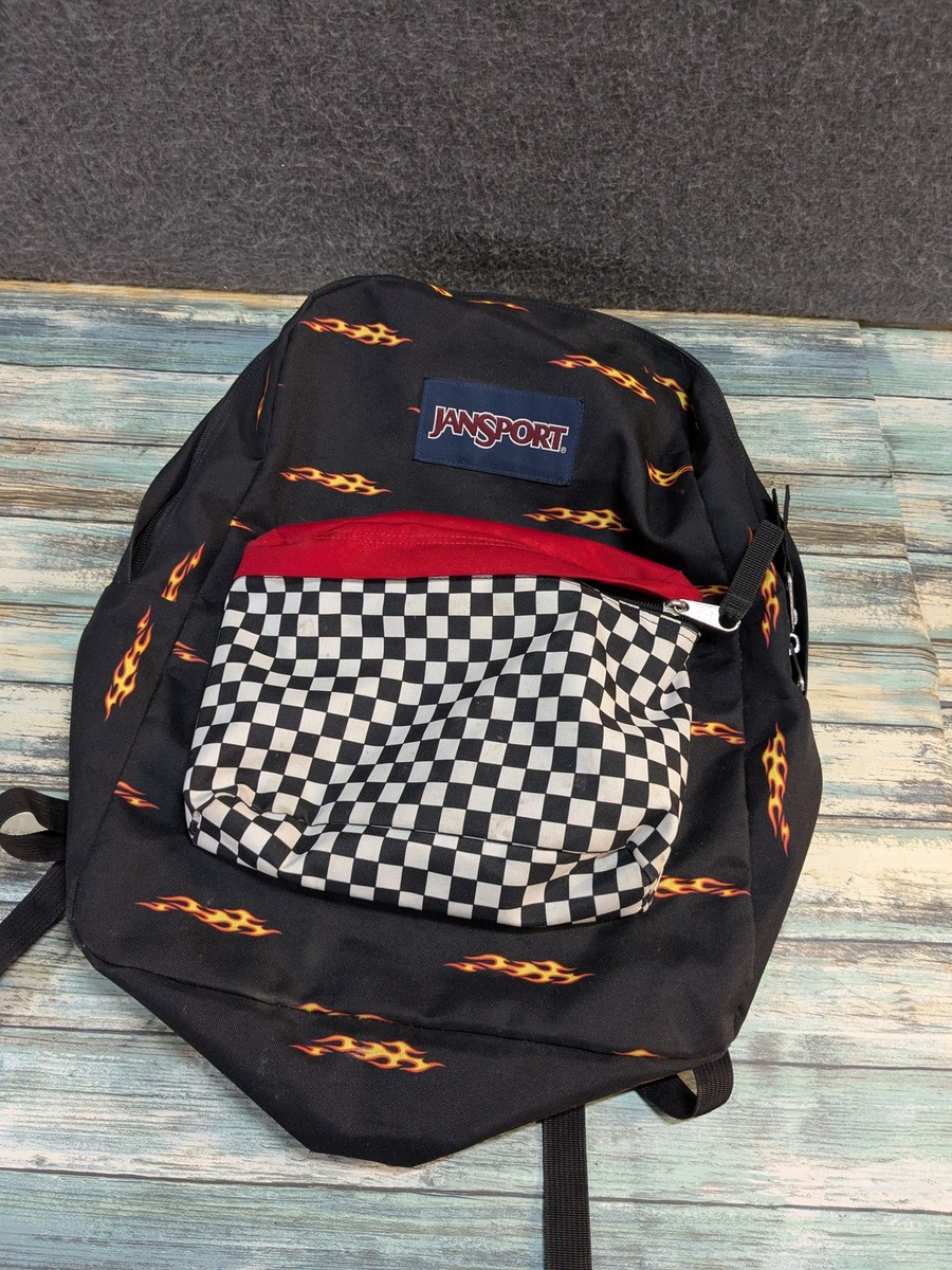 JanSport SuperBreak Backpack Black Flames Checkerboard Front