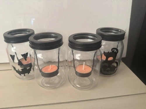 Set of 4 Halloween Mason Jar Hanging Tea Light Candle Holders