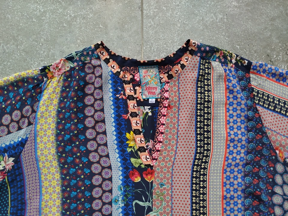 Chemisier Johnny Was manches longues patchwork bohème rayé floral 100% soie t... - Photo 4/4