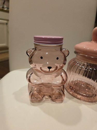 Valentines Day Candy Jars, Set Of 2, Pink With Heart Lid Bear Glass Candy Dish - Picture 2 of 8