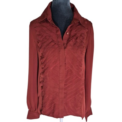 New Haute Hippie 100% Silk Pleated Button Up Blouse. Size Small. Burnt Orange