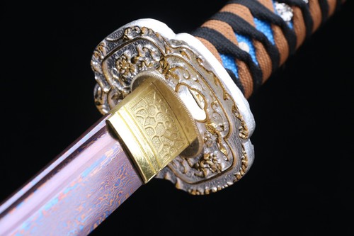 Katana Sword Bright Silver Gold Wire Carving Pattern Ancient Method Forging - Picture 8 of 11