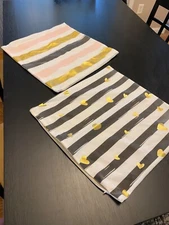 SET OF 2 THROW PILLOW CASES STRIPES AND HEARTS PINK, GOLD, GREY, AND WHIT