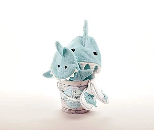 Baby Aspen Let The Fin Begin 4 Pc Bath Time Gift Set, Baby Shark Hooded Towel, N