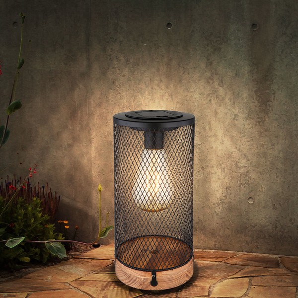 Solarlampe Tischleuchte AußEnlampe Led Gartenleuchte Holz Terrassenlampe Gitter-image