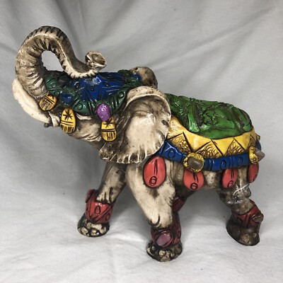 Ornate Colorful Painted Elephant With Inlaid Rocks 8.75 x 6.5 x 3.5 Hindi