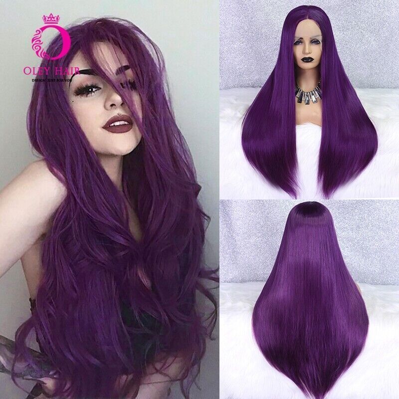 Dark Purple Straight Synthetic Lace Front Wig Heat Resistant Free Part Party Hairstyle