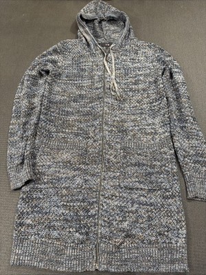 YEST Knit Sweater Full Zipper Long Pockets Hooded Blue Orange Basket Weave