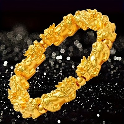 Attract Wealth Lucky Feng Shui Pixiu Bracelet Golden Beads Women Men Unisex US