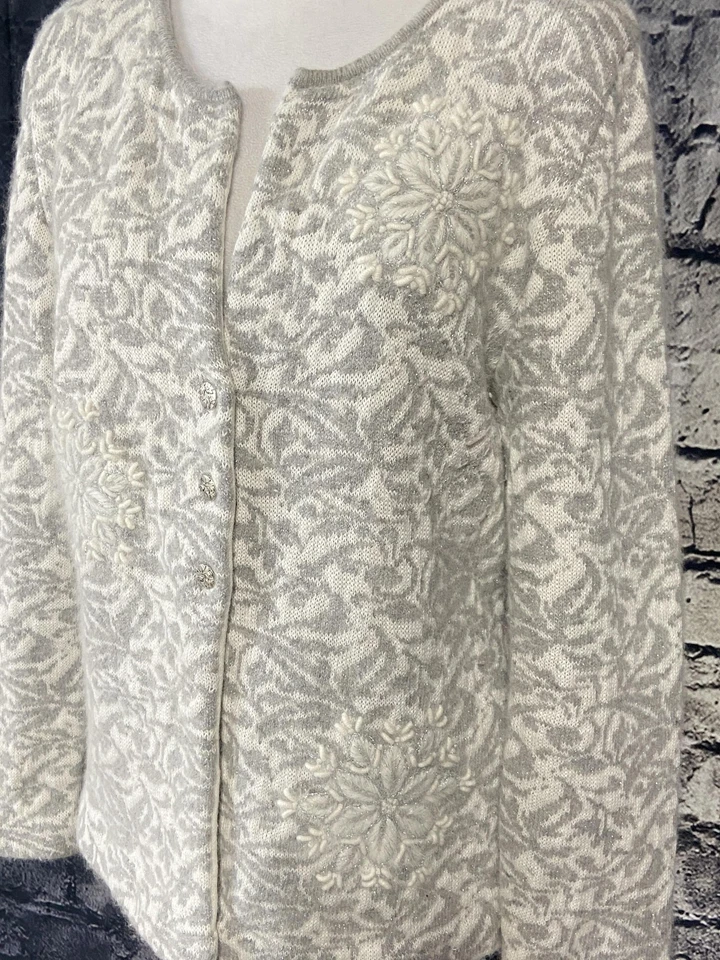 Suéter Coldwater Creek Mujer Grande Gris Blanco Copo de Nieve Mezcla de Lana Bordado Foto 3 de 4