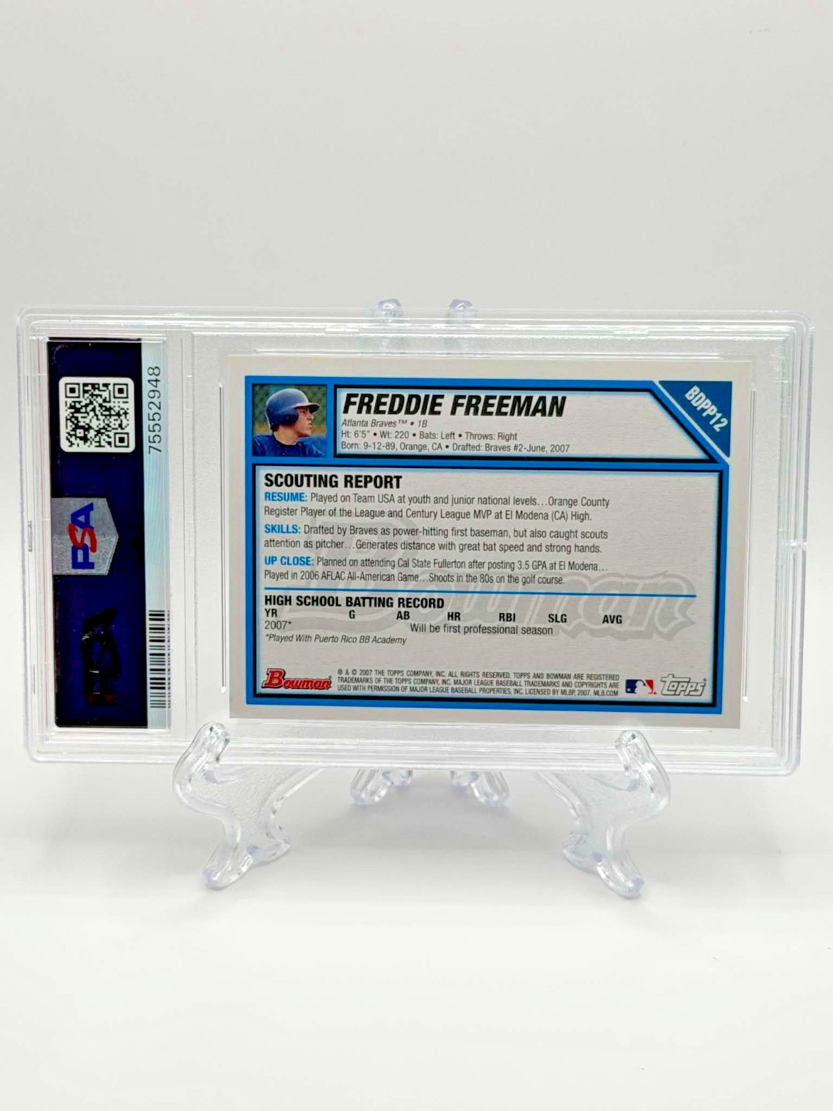 2007 Bowman Draft Picks & Prospects Freddie Freeman RC 1st Rookie Dodgers PSA 10 view 2