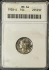 ⭐️ 1938-S Mercury Dime- ANACS MS64 - Old Soapbox Holder- Toner -
