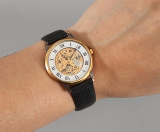 Vintage 18K Gold Electroplate Universal Geneve Mechanical Skeleton Wristwatch