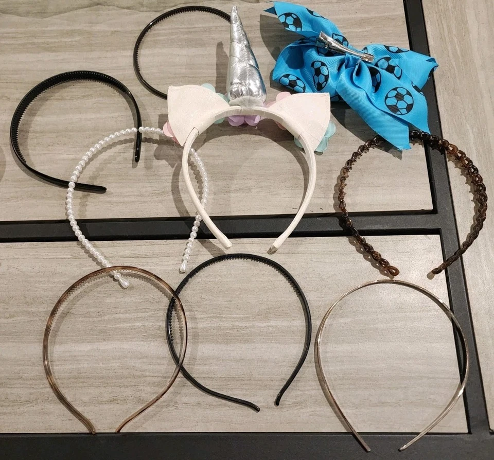 Lote 8 CINTAS PARA LA CABEZA niña y 1 lazo de fútbol unicornio y perla accesorios para cabello de fiesta Foto 2 de 2