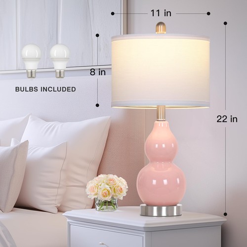Double Gourd Ceramic Table Lamps Set of 2, Modern Pink Bedside Lamps for Nigh... - Picture 3 of 7