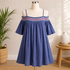 NWT Cupshe Off Shoulder Dress Womens M Blue Embroidered Bell Sleeve Boho Mini