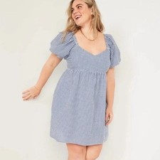 Old Navy Dress Womens Plus Sz 2X Blue Gingham Puff Sleeve Smocked Chest