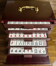 Mahjong Set with Wood Case 5 Drawers Brass Handle