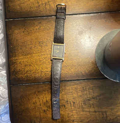 Drill  Rectangular Dress Watch Quartz Black Dial Gold Case Leather