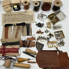 Vintage Leathercraft Tools Supplies Lot Lacing Hardware Buckles Stamps Belts