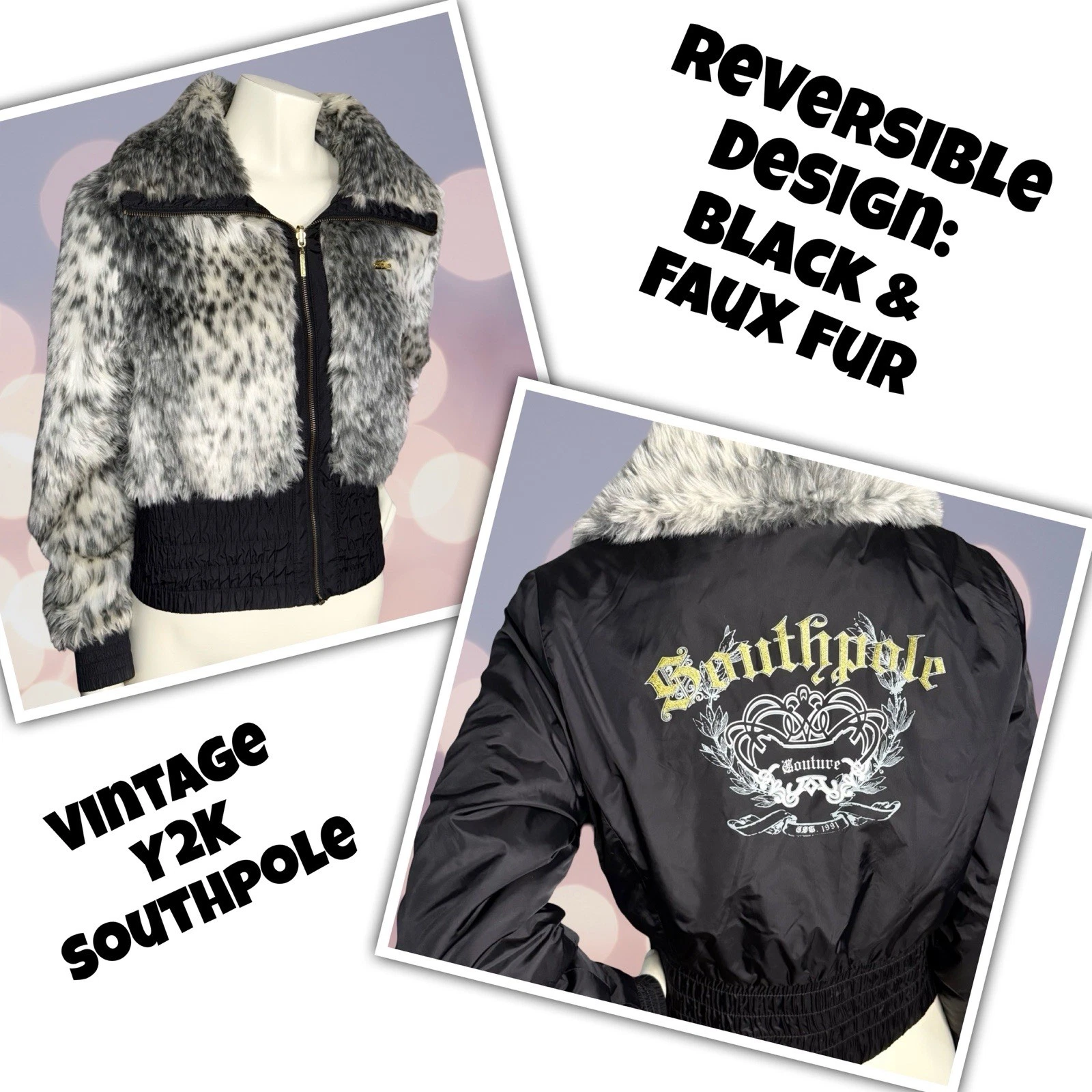 RARE Vintage Y2K Southpole Reversible Faux Fur Bomber Jacket