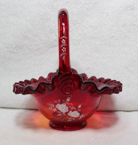 Vintage Fenton Art Glass Roses on Ruby Red Basket Hand Painted & Signed