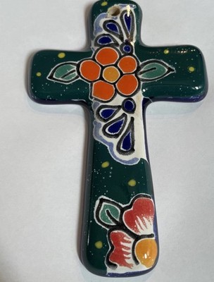 Mexican Pottery Talavara Cross Wall Hanging Multicolor Hand Painted Floral
