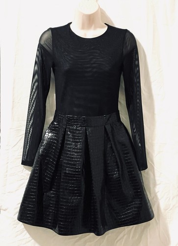 Alice & Olivia Chara Party Dress Size 2 Vegan Leather Black Mesh Bodice New - Picture 2 of 6