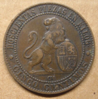 1870 Spain CINCO CENTIMOS Coin Piezas en Kilog Take a Look | eBay