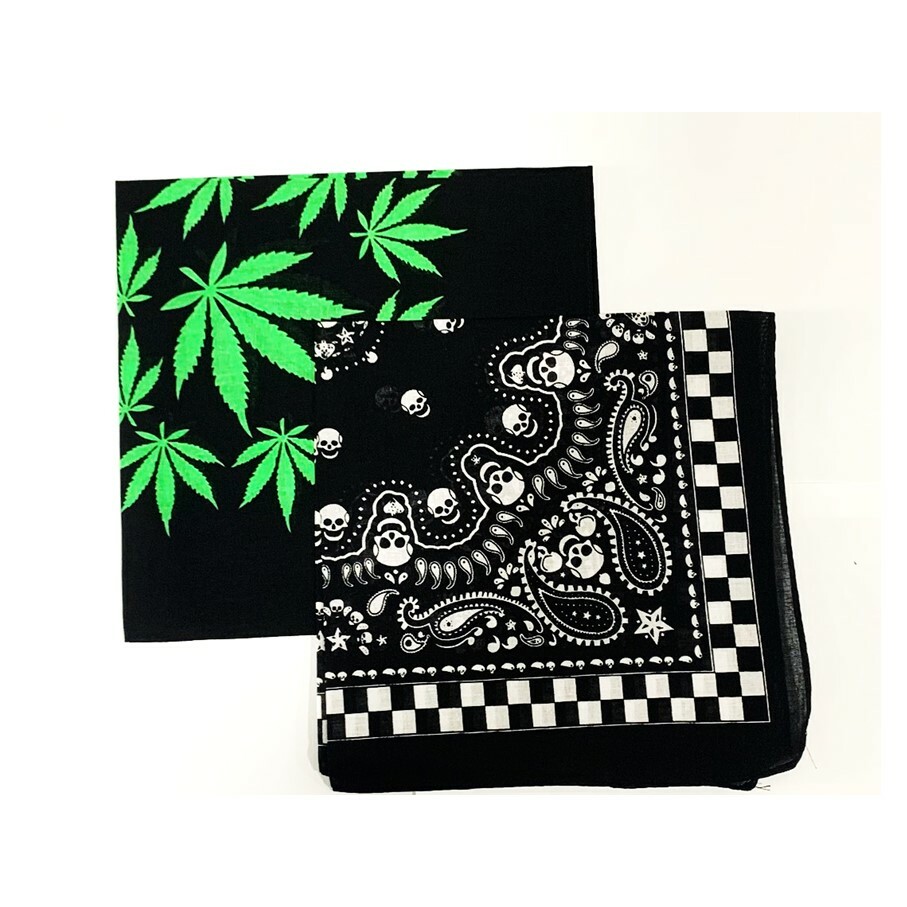 Bandana Set Green Leaf Skull Head Band Black Cotton Neck Cover Wrist Wrap Scarf