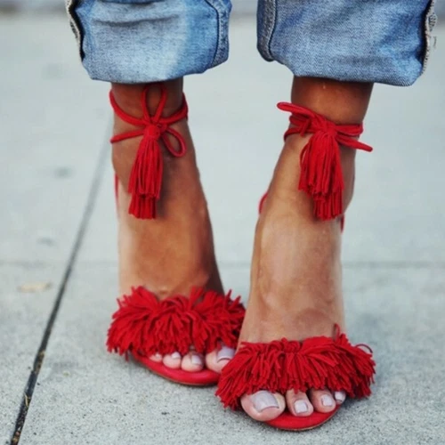 Fringe Red Sandals Tassels Strappy Stiletto Heels Shoes Women Plus US Size 3-16 - Picture 4 of 22