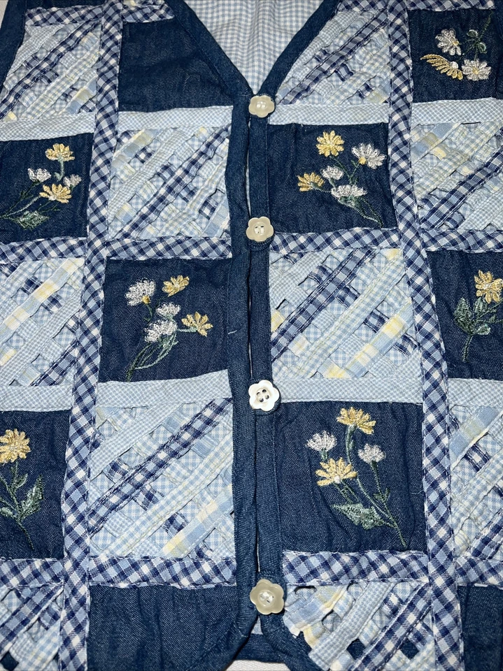 Vintage Denim & Gingham Patchwork Lattice Grannycore Vest By Casey & Max Small - Image 3 of 4