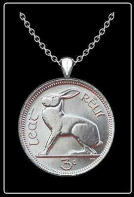 IRISH 3 PENCE Necklace - ireland hare rabbit harp lucky coin wedding jewelry