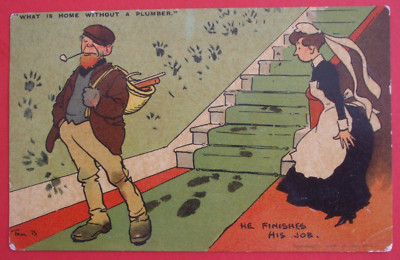 Tom Browne Comic Postkarte WAS IST ZU HAUSE OHNE KLEMPNER 2577