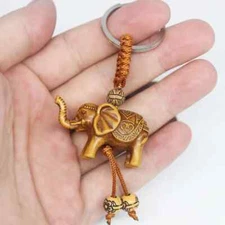 Lucky Wooden Elephant Carving Pendant Keychain Religion Chain Key Ring