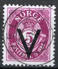 Norvegia 1941, NK 277, 5ø V sovrastampa SON Svelvik 14-11-41 (VF)
