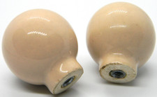 2 Vintage Beige Porcelain Ceramic Drawer Pull Cabinet Knobs Old Round 1" Ball
