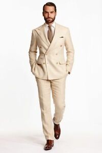 Men Beige Cotton Linen Suit Grooms Tuxedo Prom Party Dinner Casual Suit Custom 