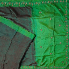 Vintage Green Dual Tone Sarees 100 Pure Silk Hand Embroidered Sari 5YD Fabric