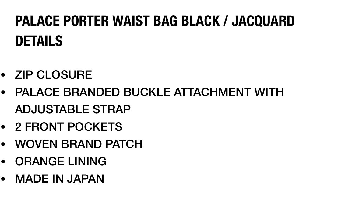 Brand New Palace x Porter Yoshida Waist Bag Black Jacquard - Made