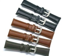 22mm Black, Brown, Grey Leather Replacement Men Watch Strap Silver Tone Buckle