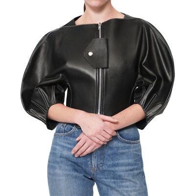 CELINE BLACK LEATHER JACKET WITH PUFFED SLEEVES SIZE 38 CELINE BLACK LEATHER JACKET WITH PUFFED SLEEVES SIZE 38