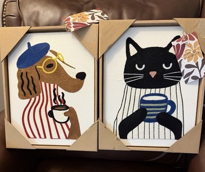 NEW SET of 2 BP Home Woven Embroidery Wall Art Black Cat & Dog