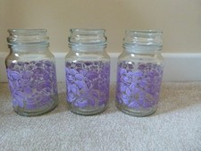 3 x DOUWE EGBERTS LIMITED EDITION PURPLE PATTERNED EMPTY GLASS COFFEE JARS 190g