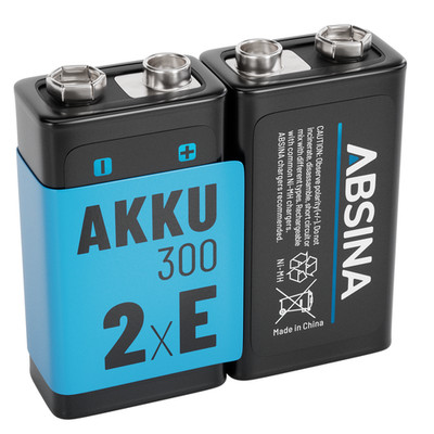 ABSINA 2x 9 Volt Block Akkus wiederaufladbare Blockbatterien E-Block NIMH 