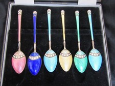 6 HALLMARKED SILVER + ENAMEL COFFEE SPOONS TURNER SIMPSON 1955
