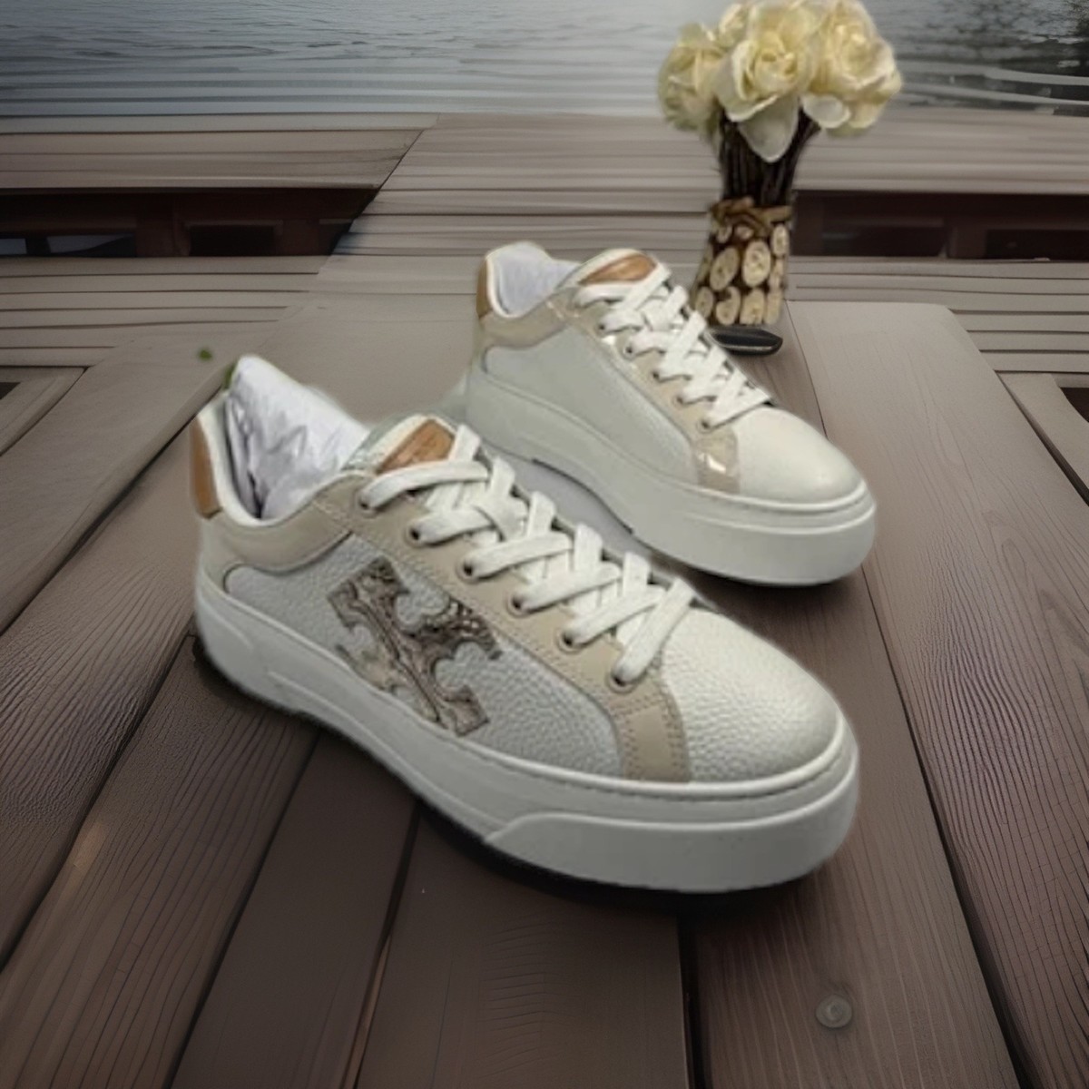 Tory Burch Signature Color Block Platform Leather Sneaker White